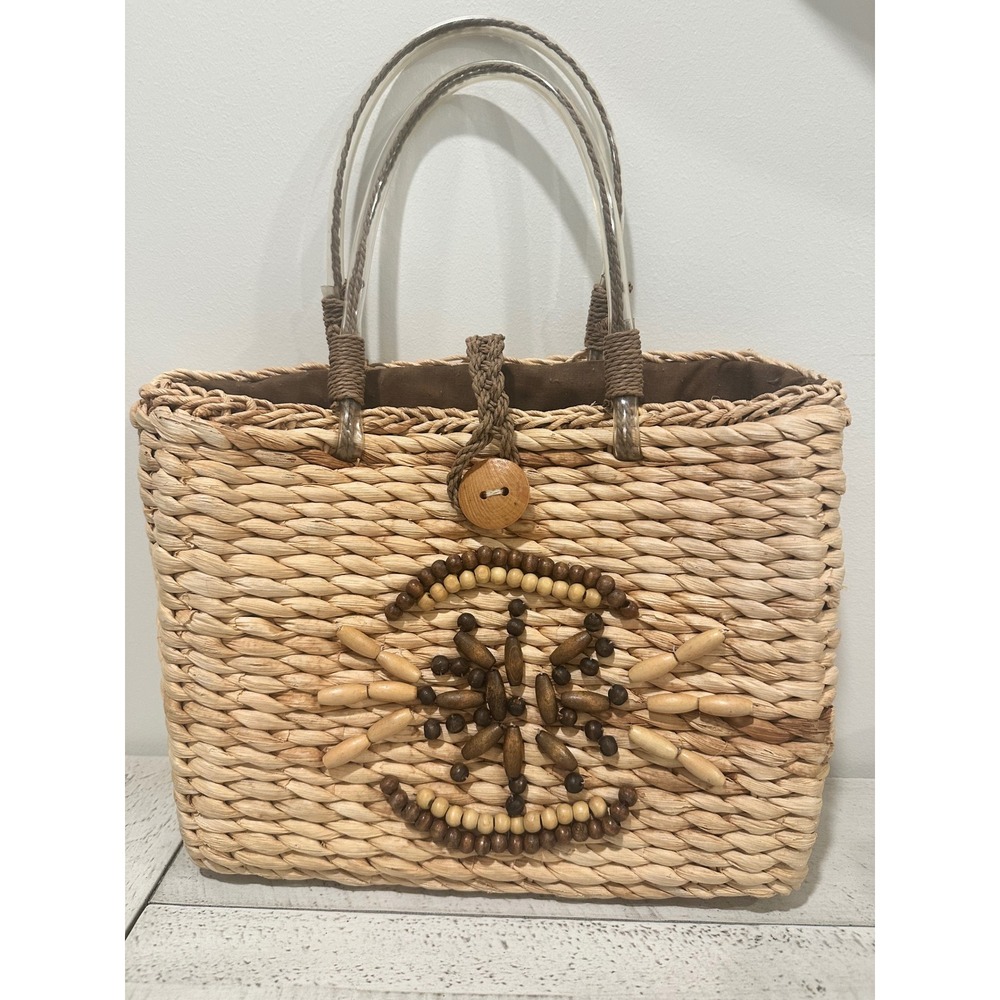 Woven Straw Beaded Tote Bag Natural Sunburst Boho Beach Handbag Clear Handles